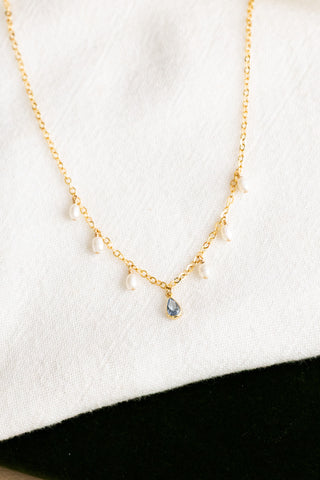 Small Pearl & CZ Aquamarine Teardrop Charm Necklace