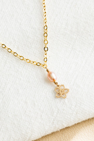Small Pink Pearl & Sakura Necklace
