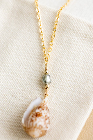 Keshi Tahitian Pearl & Bead Penniform Cone Shell Necklace
