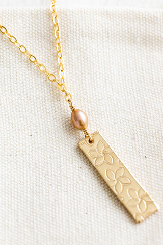 Pink Pearl & Stamped Plumeria Necklace