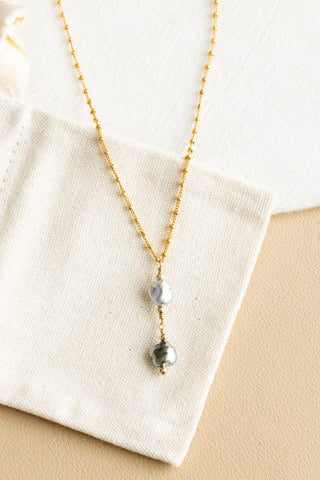 Double Boxy Keshi Tahitian Pearl & Bead Stacked Mini Anela Necklace