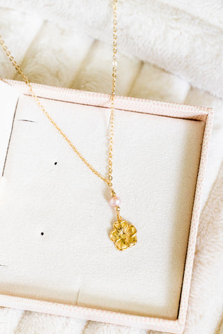 Mini Pink Edison Pearl & Bead Hibiscus Necklace