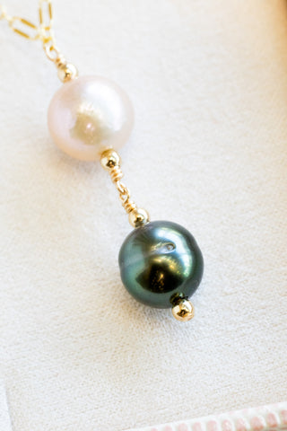 Large Round Edison Pearl & Round Tahitian Pearl & Bead Princess Necklace