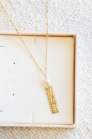 Stamped Plumeria & Peach Keshi Edison Pearl Dainty Beam Necklace