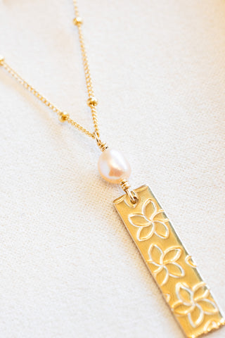 Stamped Plumeria & Peach Keshi Edison Pearl Dainty Beam Necklace