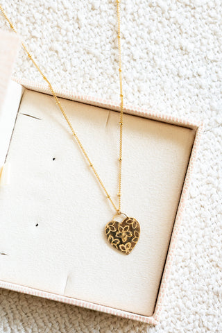 Stamped Plumeria Heart Dainty Beam Necklace