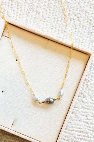 In-Line Triple Silver Keshi Tahitian Pearl & Bead Mini Wishful Necklace