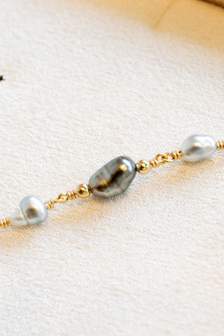 In-Line Triple Silver Keshi Tahitian Pearl & Bead Mini Wishful Necklace