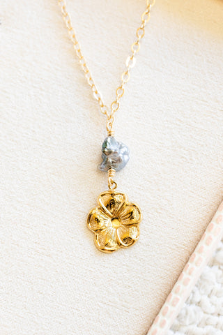 Boxy Keshi Tahitian Pearl & GF Hibiscus Necklace