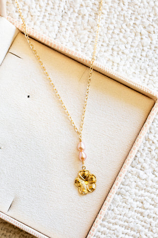Double Small Pink Pearl & GF Hibiscus Necklace
