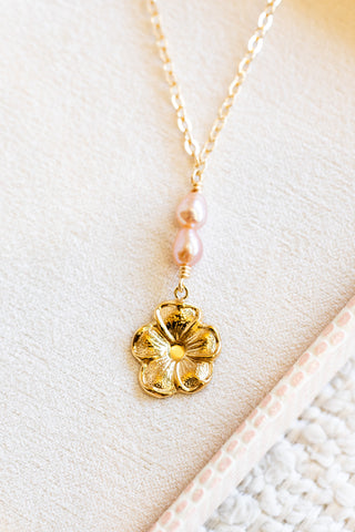 Double Small Pink Pearl & GF Hibiscus Necklace