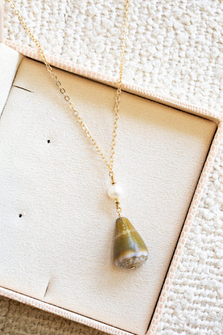Round Pearl & Bead Olive Cone Shell Necklace