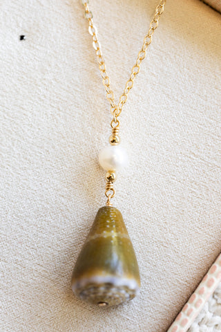 Round Pearl & Bead Olive Cone Shell Necklace