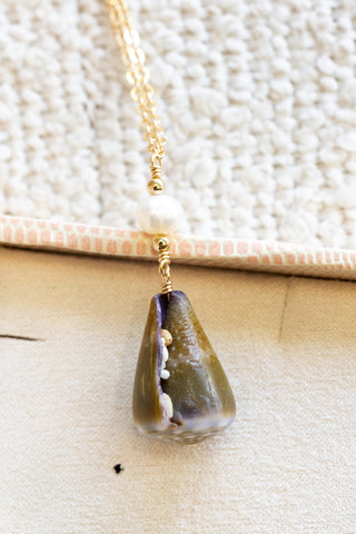 Round Pearl & Bead Olive Cone Shell Necklace