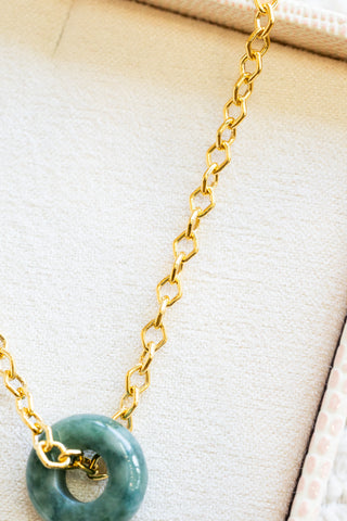 Large Dark Jade Donut Mini Diamond Link Necklace