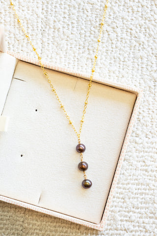 Triple Round Chocolate Pearl Beam Necklace