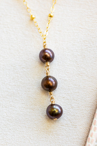 Triple Round Chocolate Pearl Beam Necklace