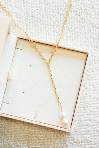 Mini Diamond Link Double Baroque Pearl Lariat Necklace