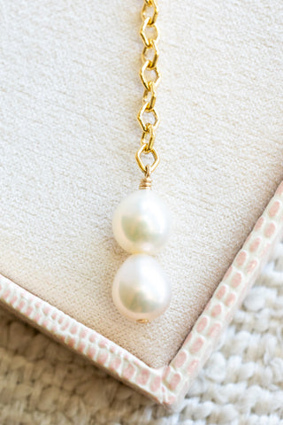 Mini Diamond Link Double Baroque Pearl Lariat Necklace