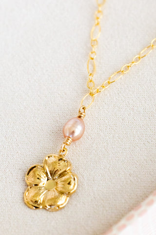 Pink Pearl & GF Hibiscus Oval Mini Wishful Necklace