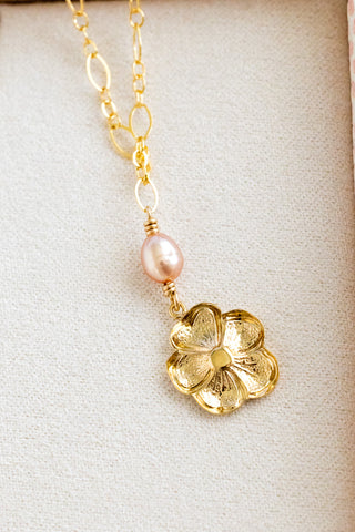 Pink Pearl & GF Hibiscus Oval Mini Wishful Necklace