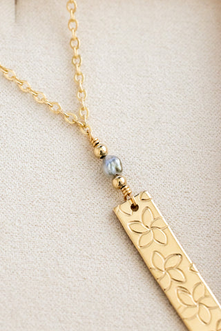 Mini Keshi Tahitian Pearl & Bead, Stamped Plumeria Bar Necklace