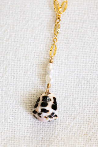 Double Mini Keshi Pearl & Hebrew Cone Shell Fragment Textured Princess Lariat Necklace