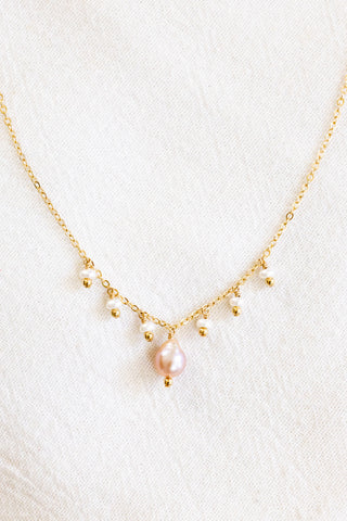 Mini Button Pearl & Bead, Pink Baroque Edison Pearl & Bead Drop Necklace