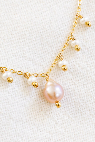 Mini Button Pearl & Bead, Pink Baroque Edison Pearl & Bead Drop Necklace