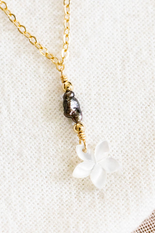 Dark Keshi Tahitian Pearl & Bead, MOP Plumeria Necklace
