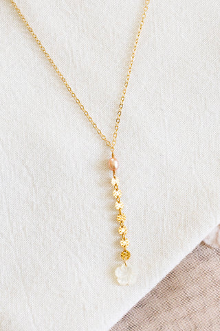 Pink Pearl, Hammered Coin, MOP Hibiscus Lariat Necklace