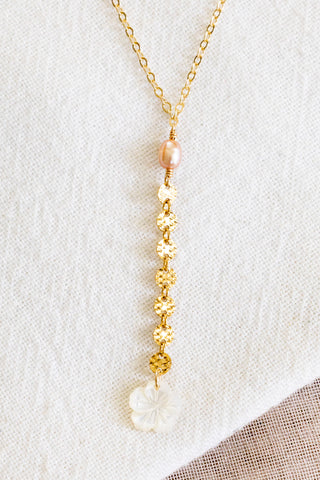 Pink Pearl, Hammered Coin, MOP Hibiscus Lariat Necklace