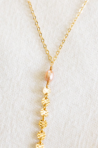 Pink Pearl, Hammered Coin, MOP Hibiscus Lariat Necklace