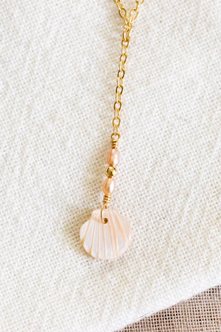 MOP Mauve Clam & Mini Light Pink Pearl & Bead Lariat Necklace