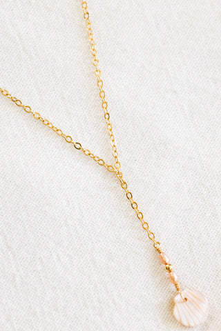 MOP Mauve Clam & Mini Light Pink Pearl & Bead Lariat Necklace