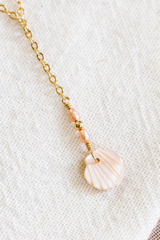 MOP Mauve Clam & Mini Light Pink Pearl & Bead Lariat Necklace