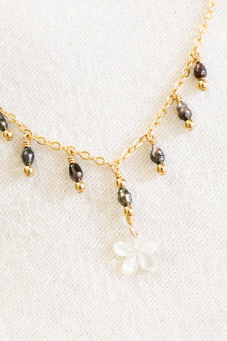 Mini Keshi Tahitian Pearl & Bead MOP Plumeria Drop Necklace