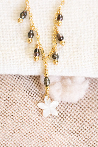 Mini Keshi Tahitian Pearl & Bead MOP Plumeria Drop Necklace
