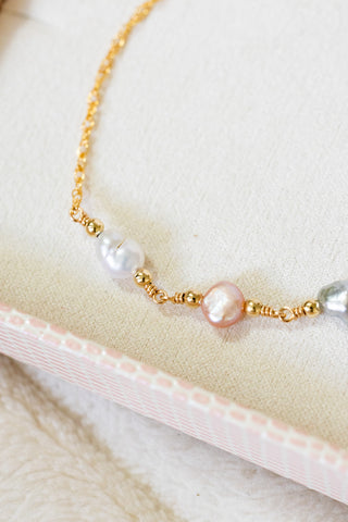 Silver Keshi Tahitian Pearl, Flat Pink Pearl, Keshi Pearl, & Bead Mona Bracelet
