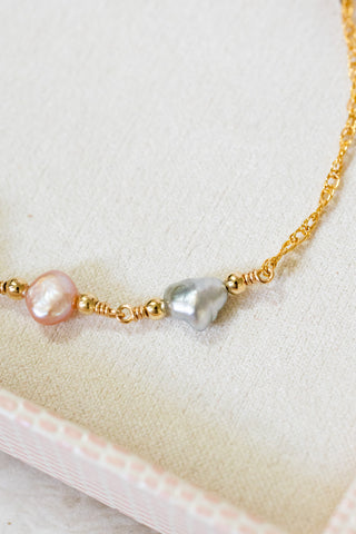 Silver Keshi Tahitian Pearl, Flat Pink Pearl, Keshi Pearl, & Bead Mona Bracelet