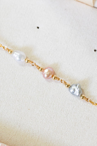 Silver Keshi Tahitian Pearl, Flat Pink Pearl, Keshi Pearl, & Bead Mona Bracelet