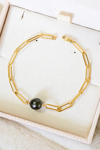 Round Tahitian Pearl Thick Paperclip Bracelet