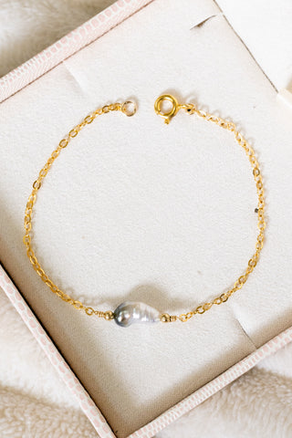 Silver Oval Keshi Tahitian Pearl & Bead Bracelet