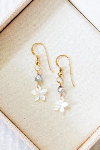 Silver Keshi Tahitian Pearl & MOP Plumeria Dangle Earrings