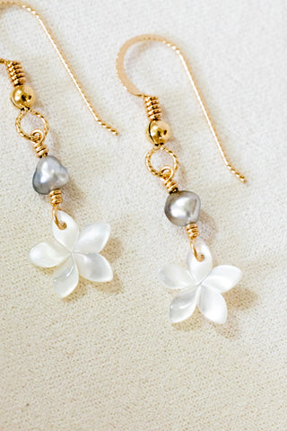 Silver Keshi Tahitian Pearl & MOP Plumeria Dangle Earrings