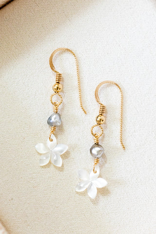 Silver Keshi Tahitian Pearl & MOP Plumeria Dangle Earrings