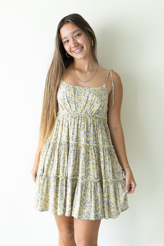 Yellow/Blue Tiered Floral Tie Strap Dress