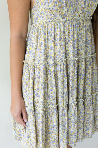 Yellow/Blue Tiered Floral Tie Strap Dress