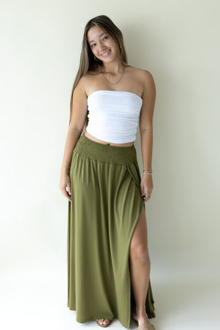 Olive Overlap Slit Maxi Skirt