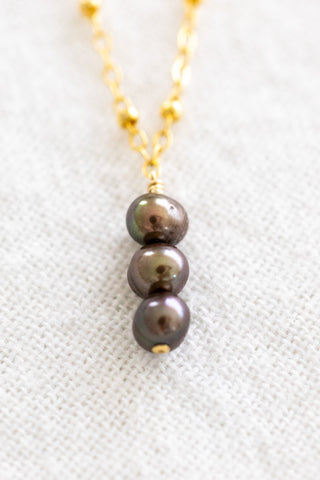 Triple Stacked Chocolate Pearl Beam Necklace